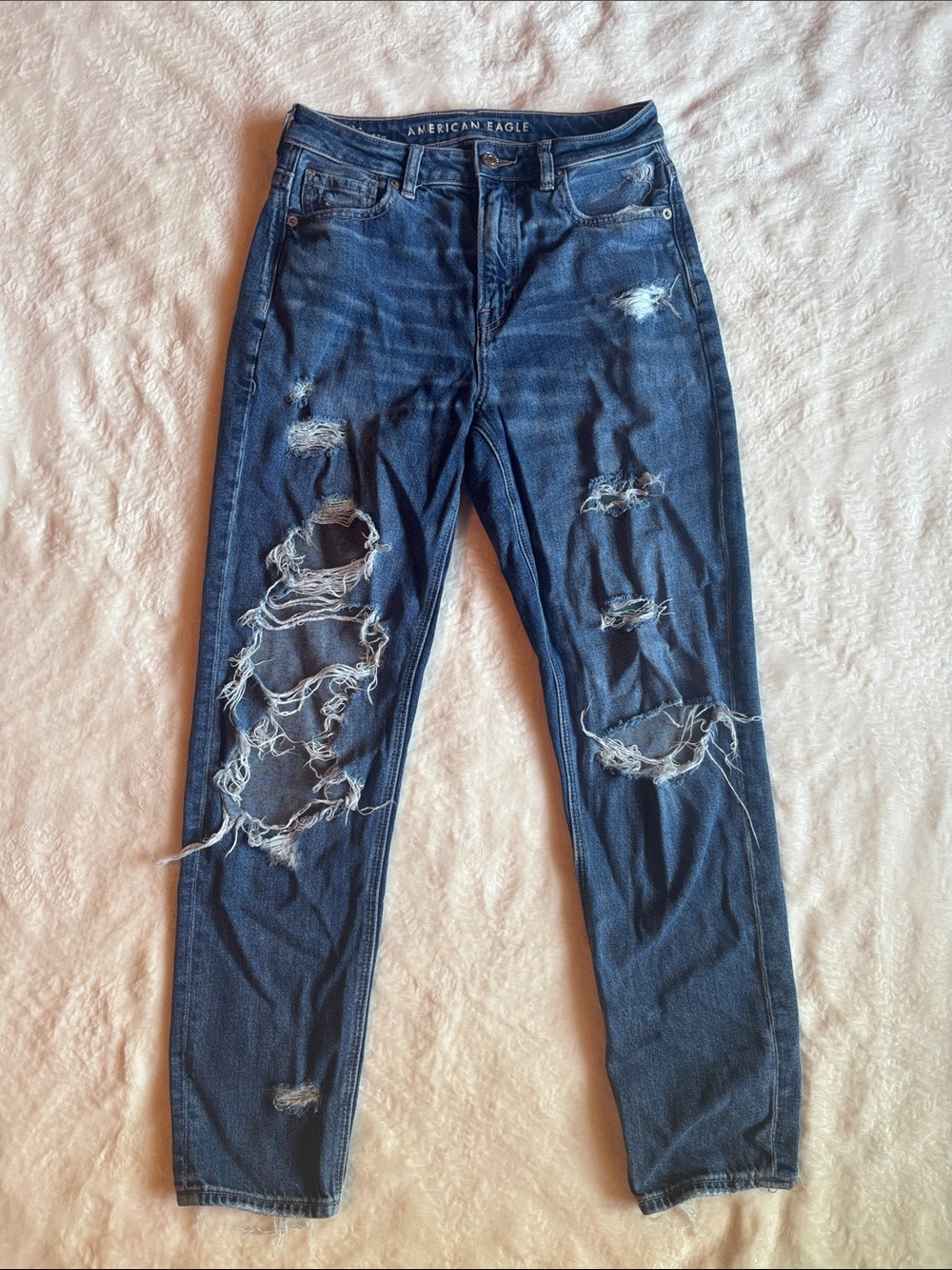 American Eagle Distressed Dark Blue Ripped Mom Jeans